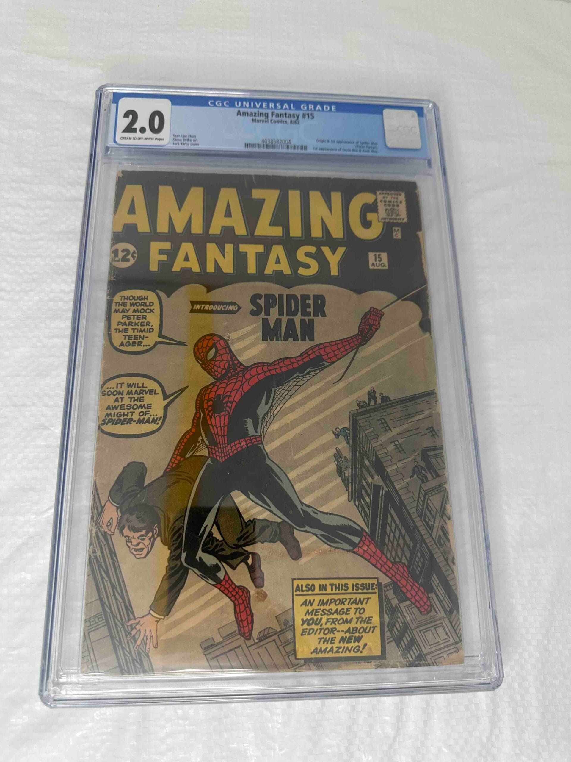 CGC 2.0 graded copy of Amazing Fantasy #15 (1962), the first appearance of Spider-Man, purchased by EZ Comic Buyer in Southern California.