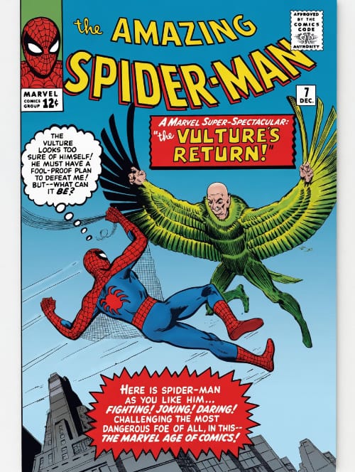 Comic book cover: Spider-Man swings at the Vulture above a city skyline, with the bold title 'The Amazing Spider-Man' and a red banner reading 'The Vulture's Return!'.