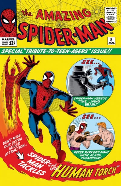 Cover of The Amazing Spider-Man issue 8 featuring the Human Torch and the Living Brain. EzComicBuyer pays cash for vintage Silver Age Marvel comic book collections.