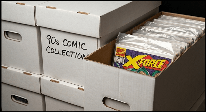 Long boxes of 1990s comic books, one labeled 90s Comic Collection, with an open box of bagged and boarded issues