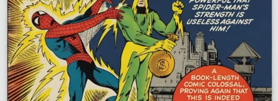 Vintage Marvel The Amazing Spider-Man cover: Spider-Man battles Electro with yellow energy blasts, city skyline behind, bold title text and Marvel Age of Comics badge.